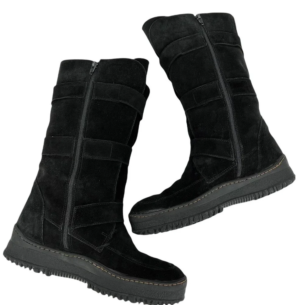 Aquatalia Tall Winter Boots Faux Fur Lined Black Suede Adjustable Straps | 8.5